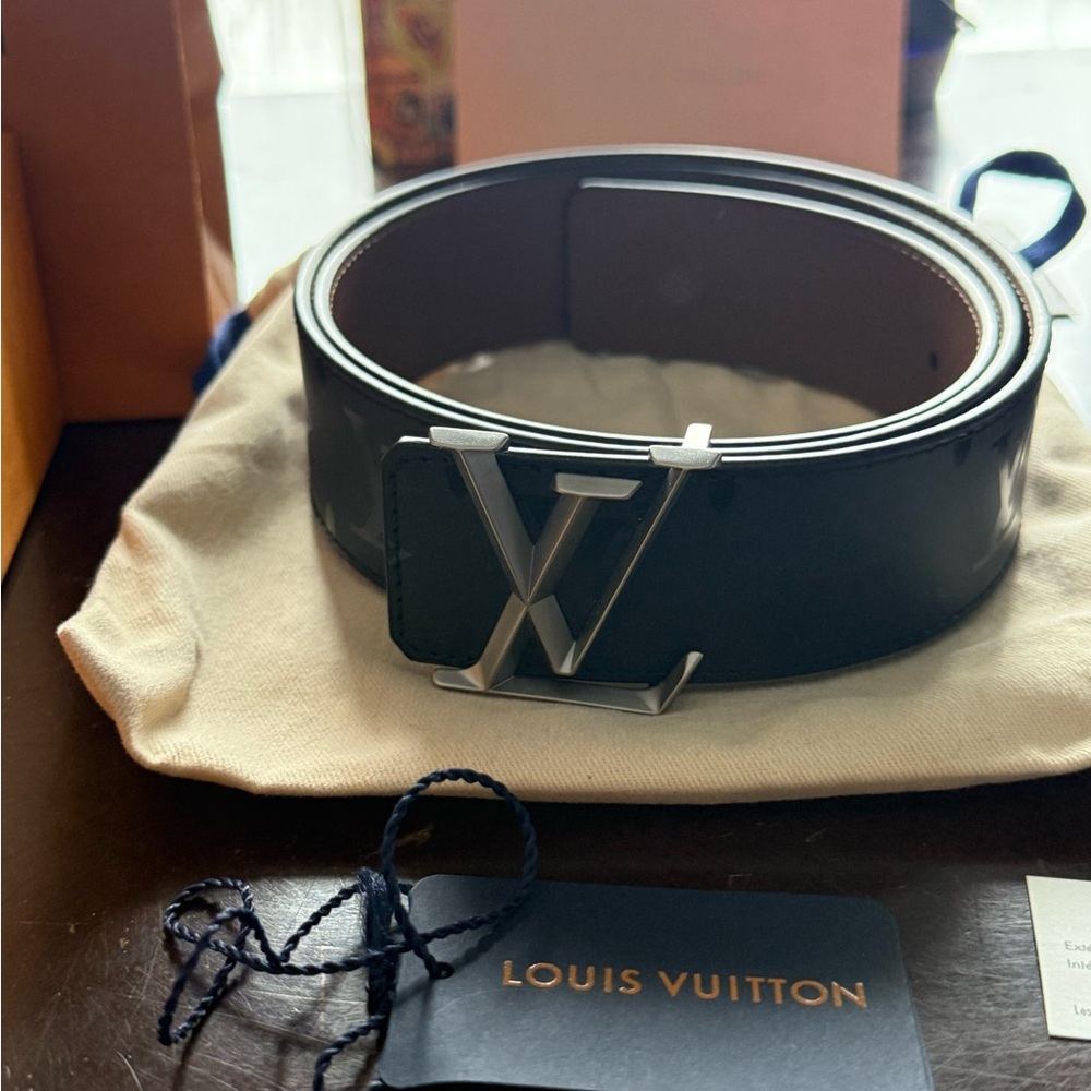 Louis Vuitton Black Leather Belt with Silver Buckle